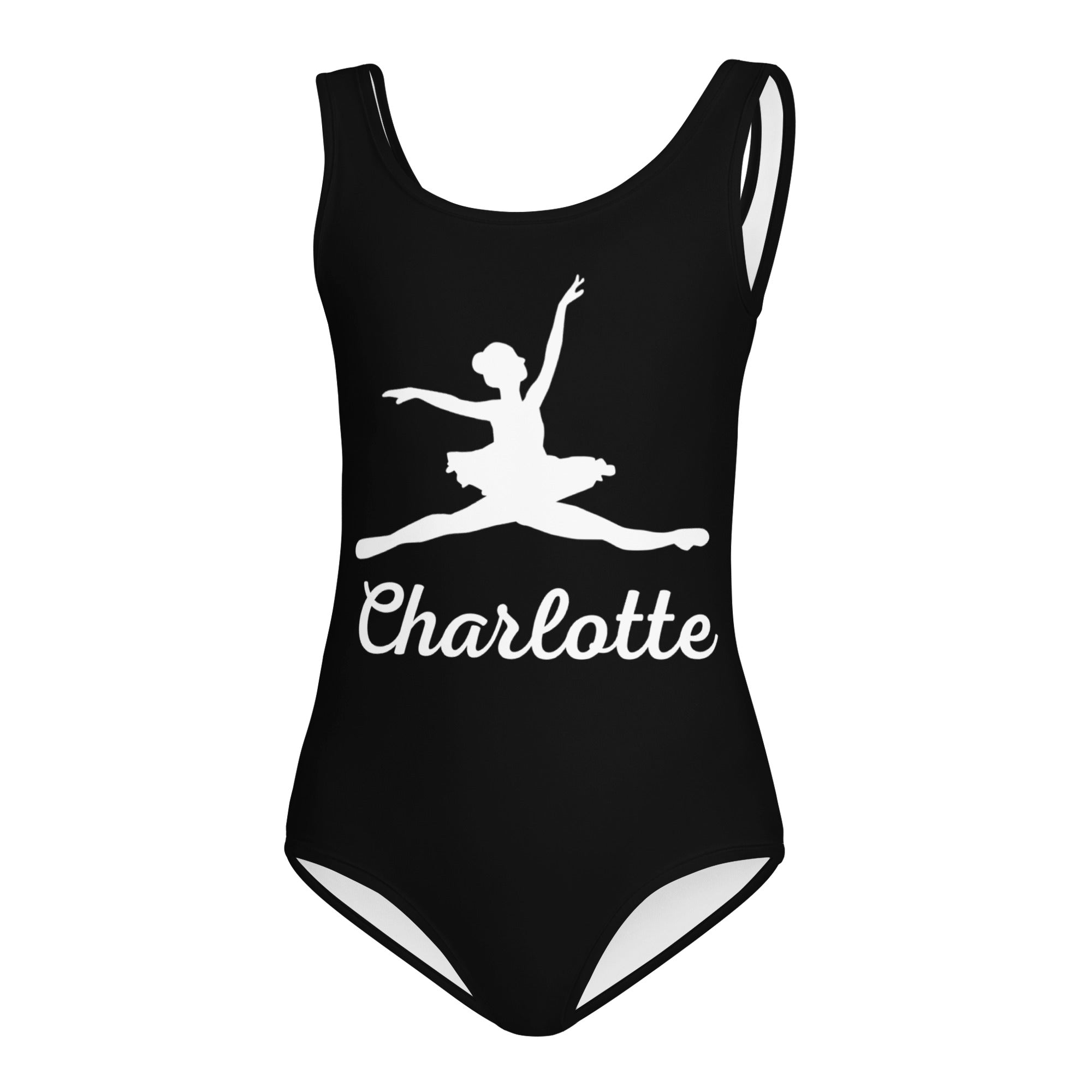 Black one-piece buttery soft quick drying girls leotard with white ballerina silhouette and custom name charlotte