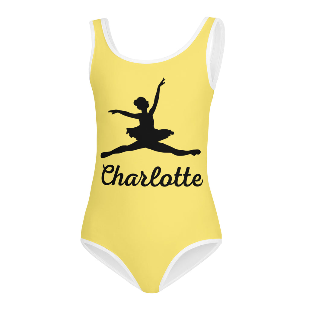 Yellow girls custom name ballerina buttery soft quick drying leotard with white trim and black ballerina silhouette