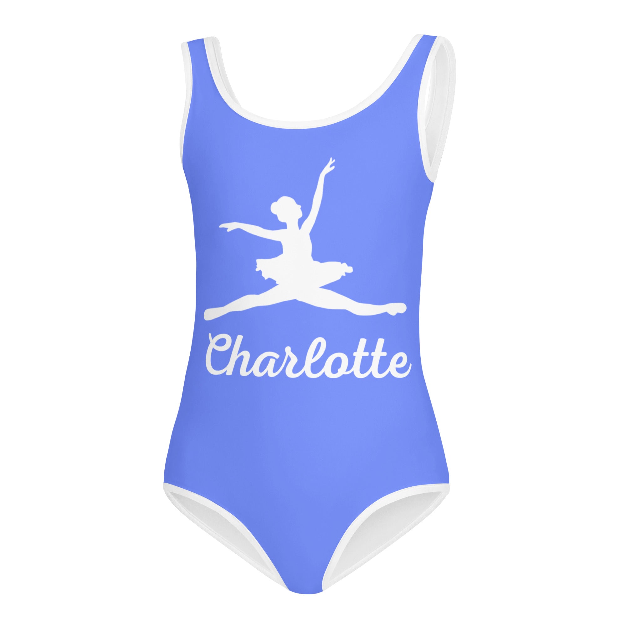 A vibrant blue girls custom name ballerina leotard in buttery soft quick drying fabric with white trim and dancer silhouette