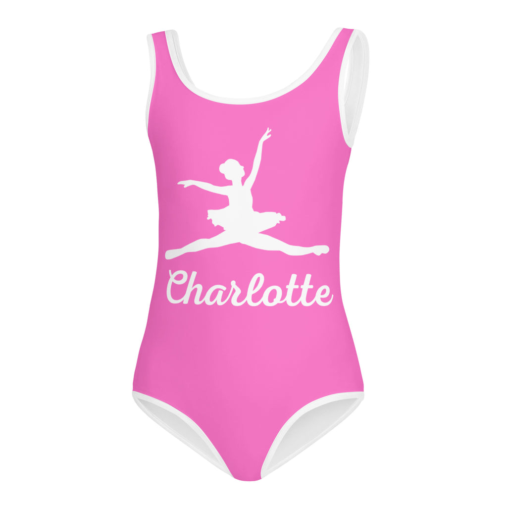 A vibrant pink girls custom name ballerina buttery soft quick drying leotard with white trim and charlotte name