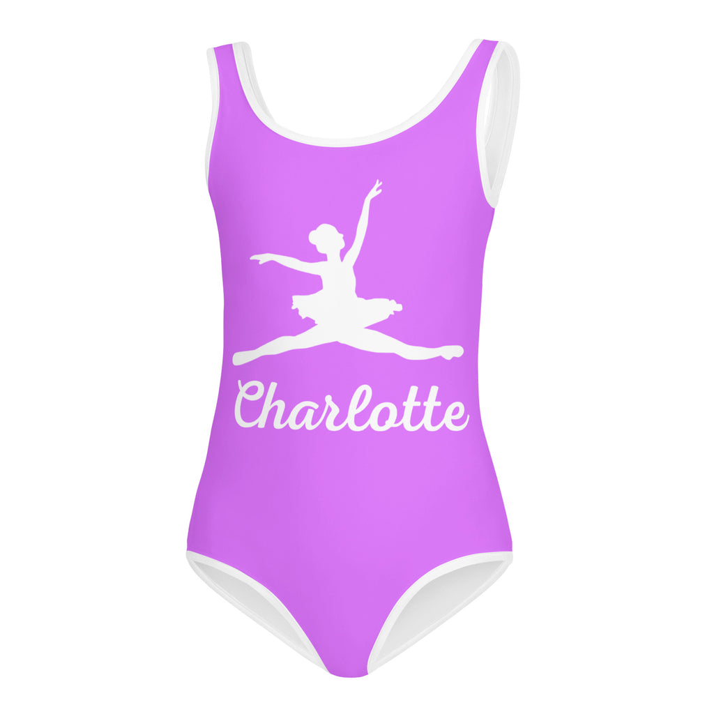 A vibrant purple girls custom name ballerina buttery soft quick drying leotard with white trim and dancer silhouette