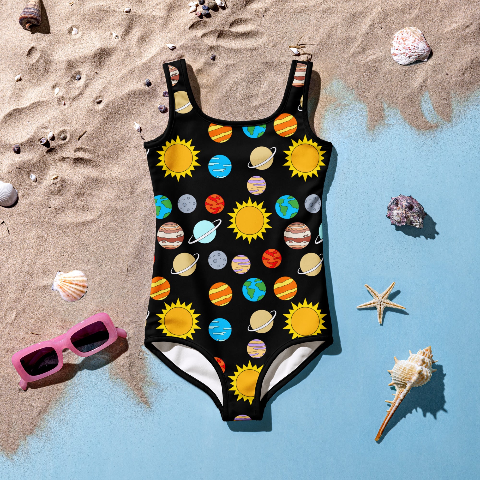 Black one-piece girls solar system swimsuit with vibrant space pattern buttery soft fabric and upf 50+ protection