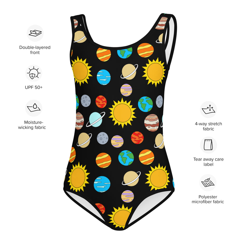 Black girls solar system buttery soft swimsuit with upf 50 plus featuring yellow suns and colorful planets print