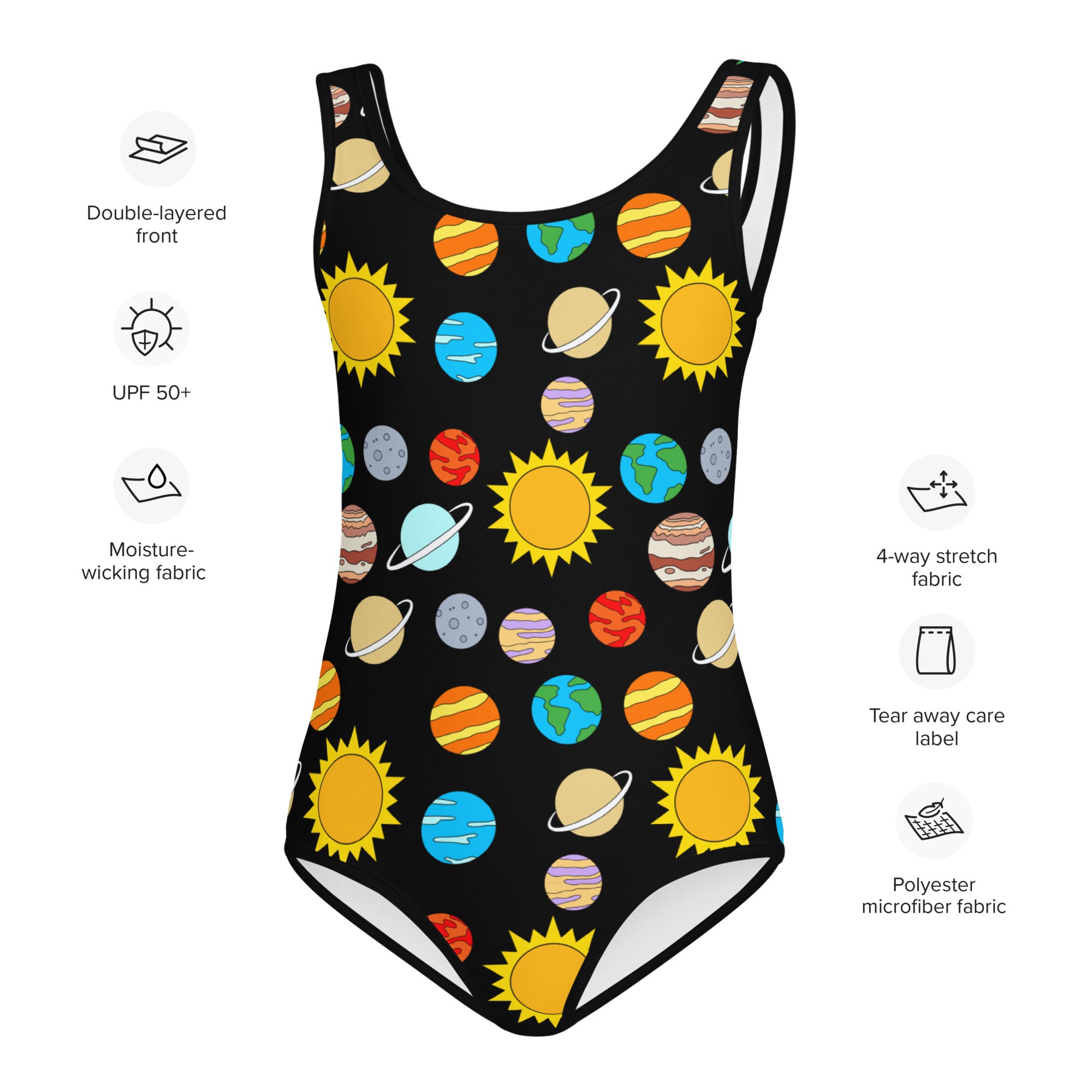 Black girls solar system buttery soft swimsuit with upf 50 plus featuring yellow suns and colorful planets print