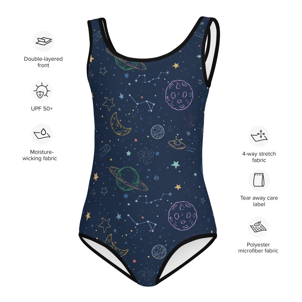 A navy blue girls one-piece buttery soft swimsuit with pastel solar system design and UPF 50 plus sun protection