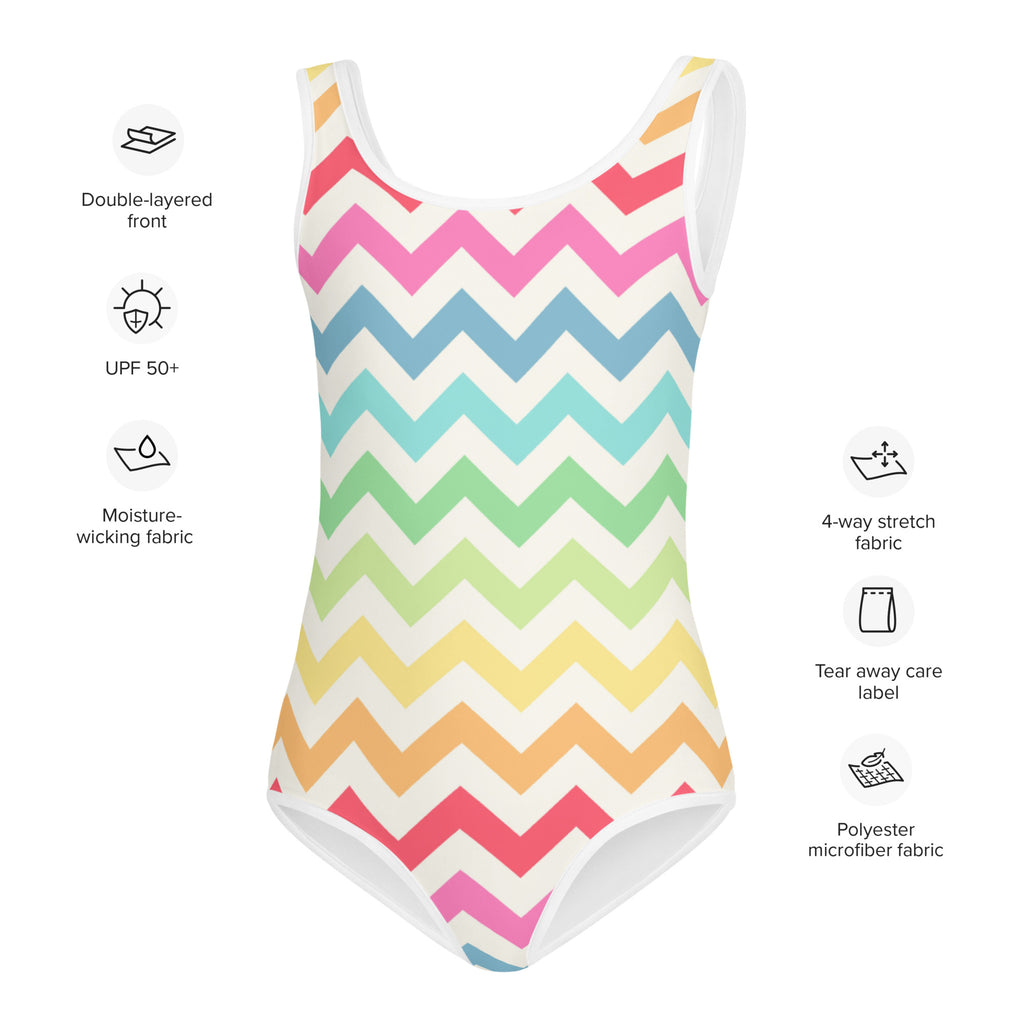 A girls pastel rainbow chevron one-piece swimsuit with white front racerback made of polyester microfiber fabric