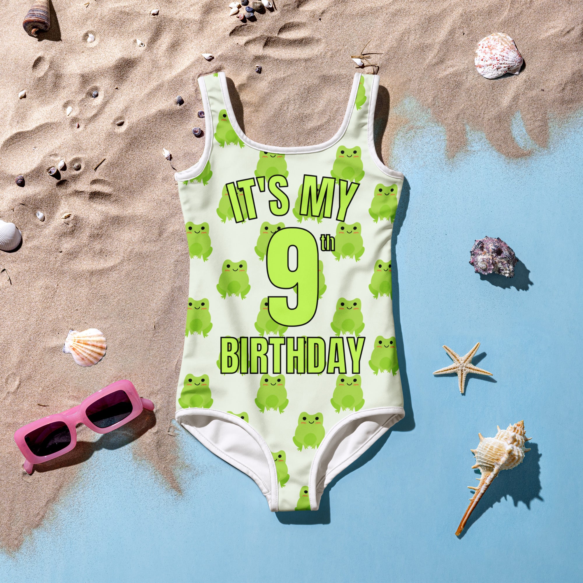 Girls Green Frog Themed Custom Age It's My Birthday Swimsuit