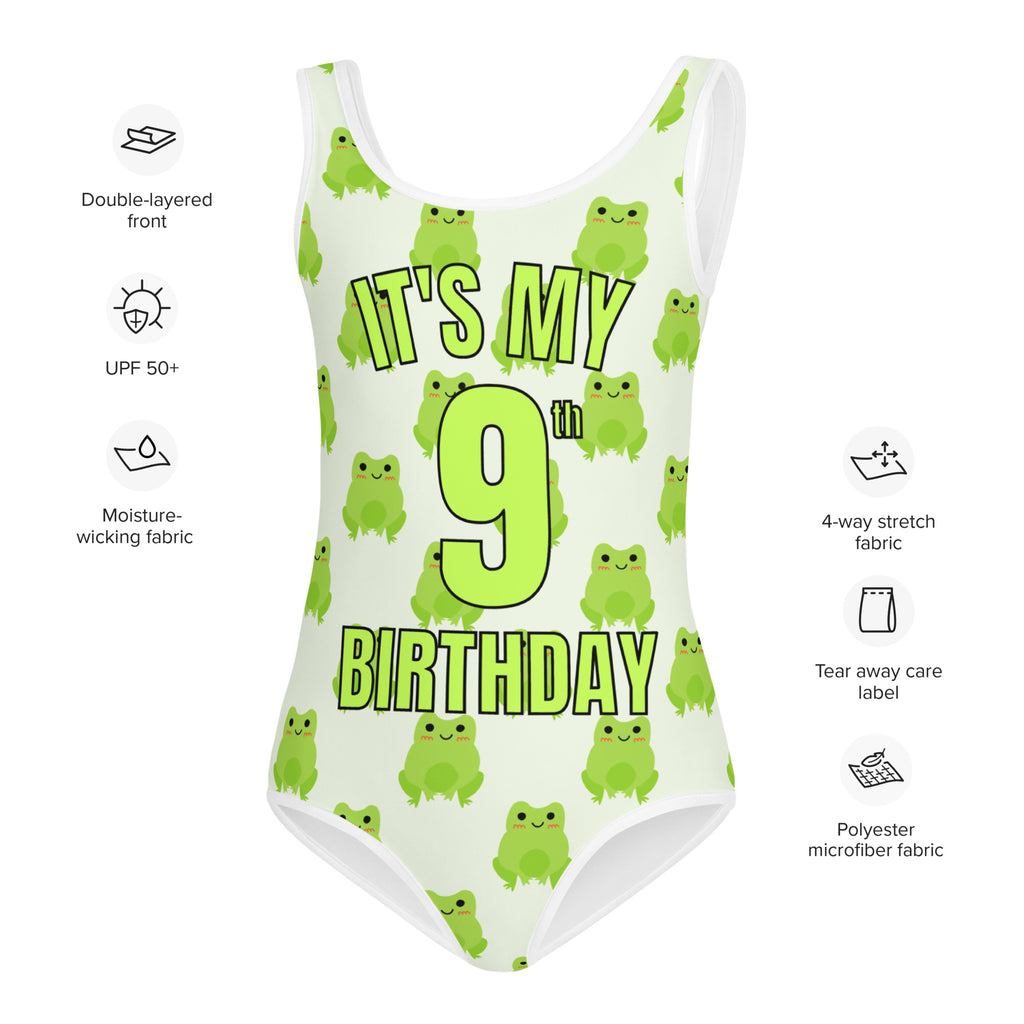 Girls Green Frog Themed Custom Age It's My Birthday Swimsuit