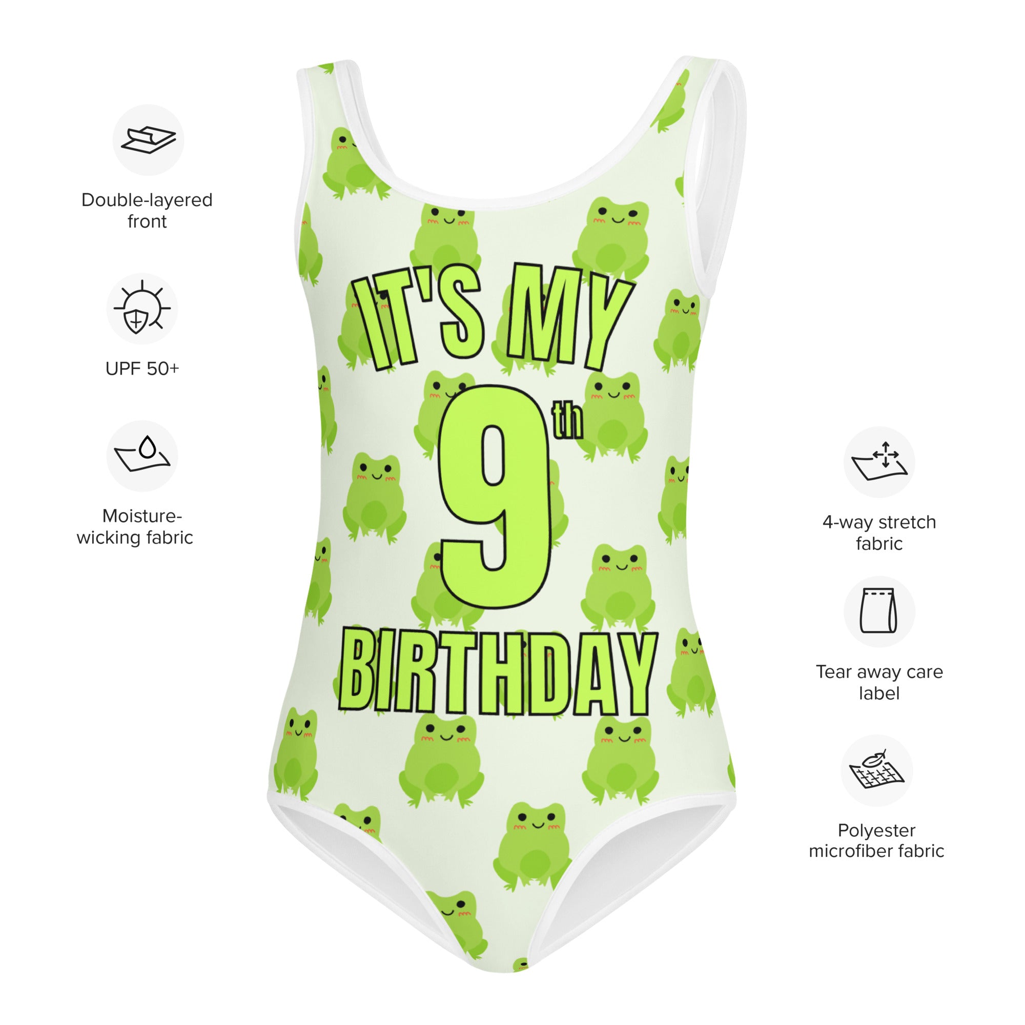 Girls Green Frog Themed Custom Age It's My Birthday Swimsuit