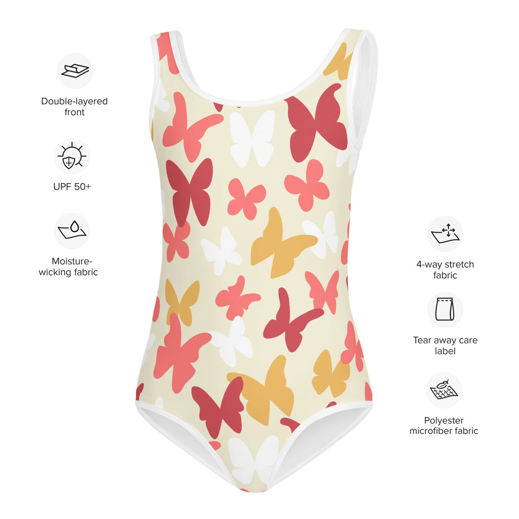 Girls butterfly buttery soft swimsuit with UPF 50 plus cream base and vibrant red pink yellow butterfly pattern