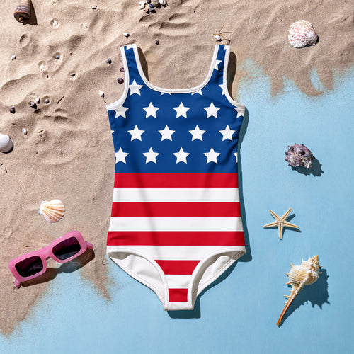 Girls american flag buttery soft one-piece swimsuit in blue red and white with upf 50 plus protection