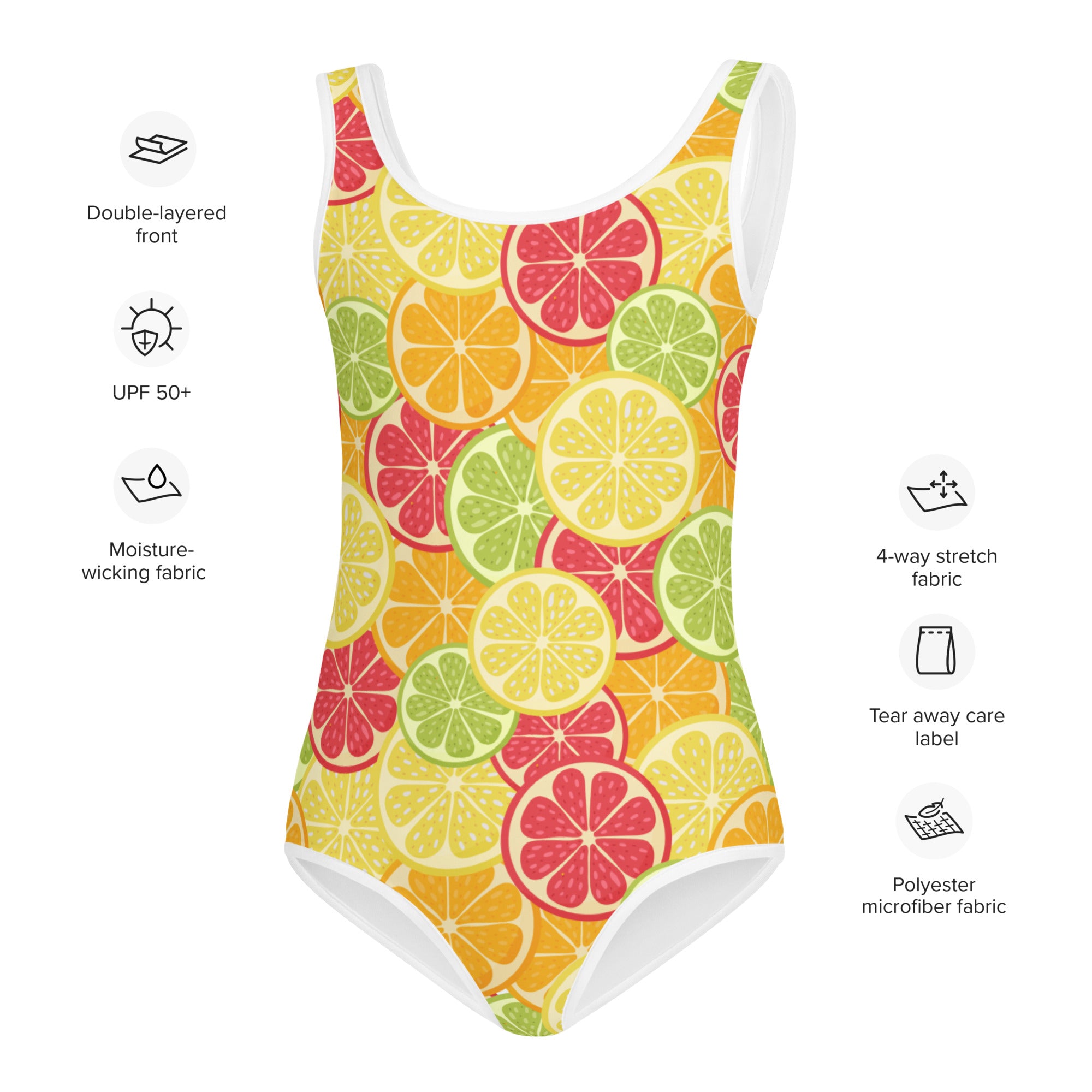 Girls tropical citrus fruit buttery soft one-piece swimsuit with vibrant lemon lime grapefruit pattern on yellow background