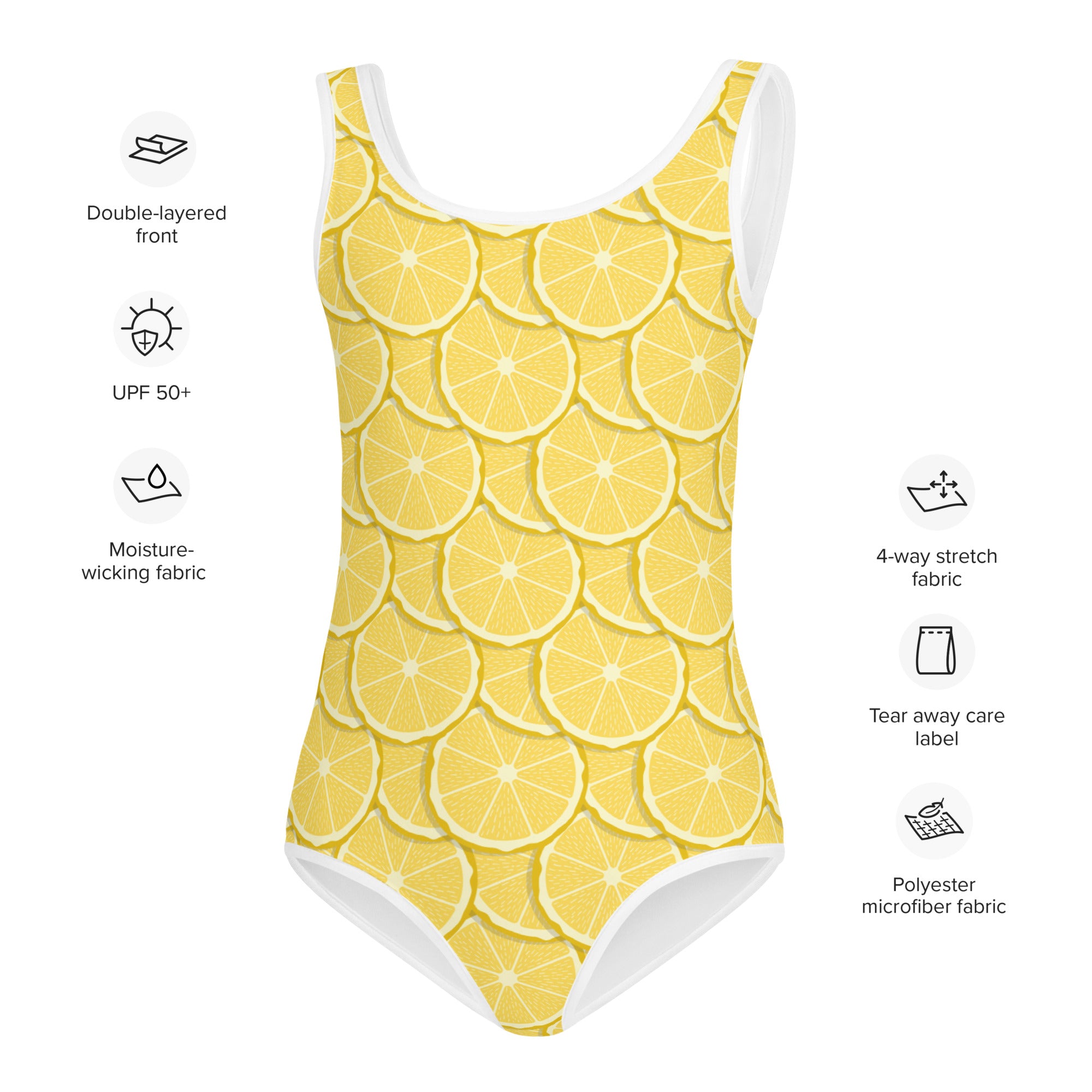 A vibrant yellow girls tropical lemons buttery soft one-piece swimsuit with upf 50 plus and white trim detailing