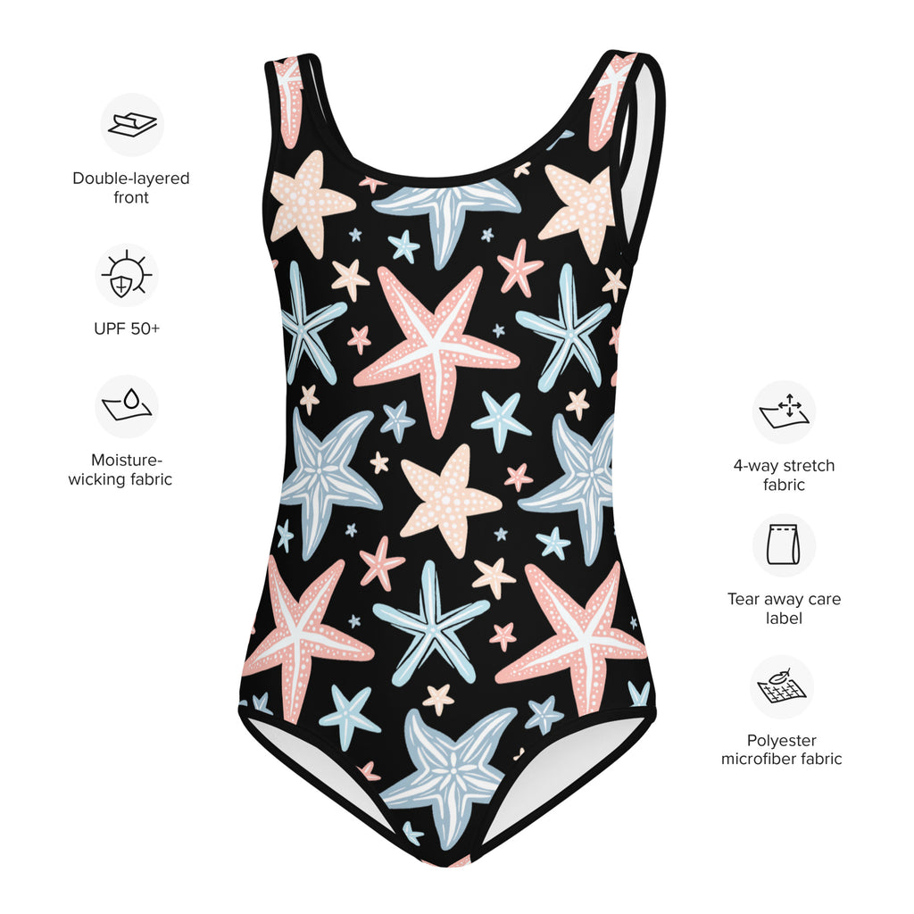 Black girls one-piece swimsuit with pink and blue starfish pattern made of buttery soft polyester microfiber with UPF 50+