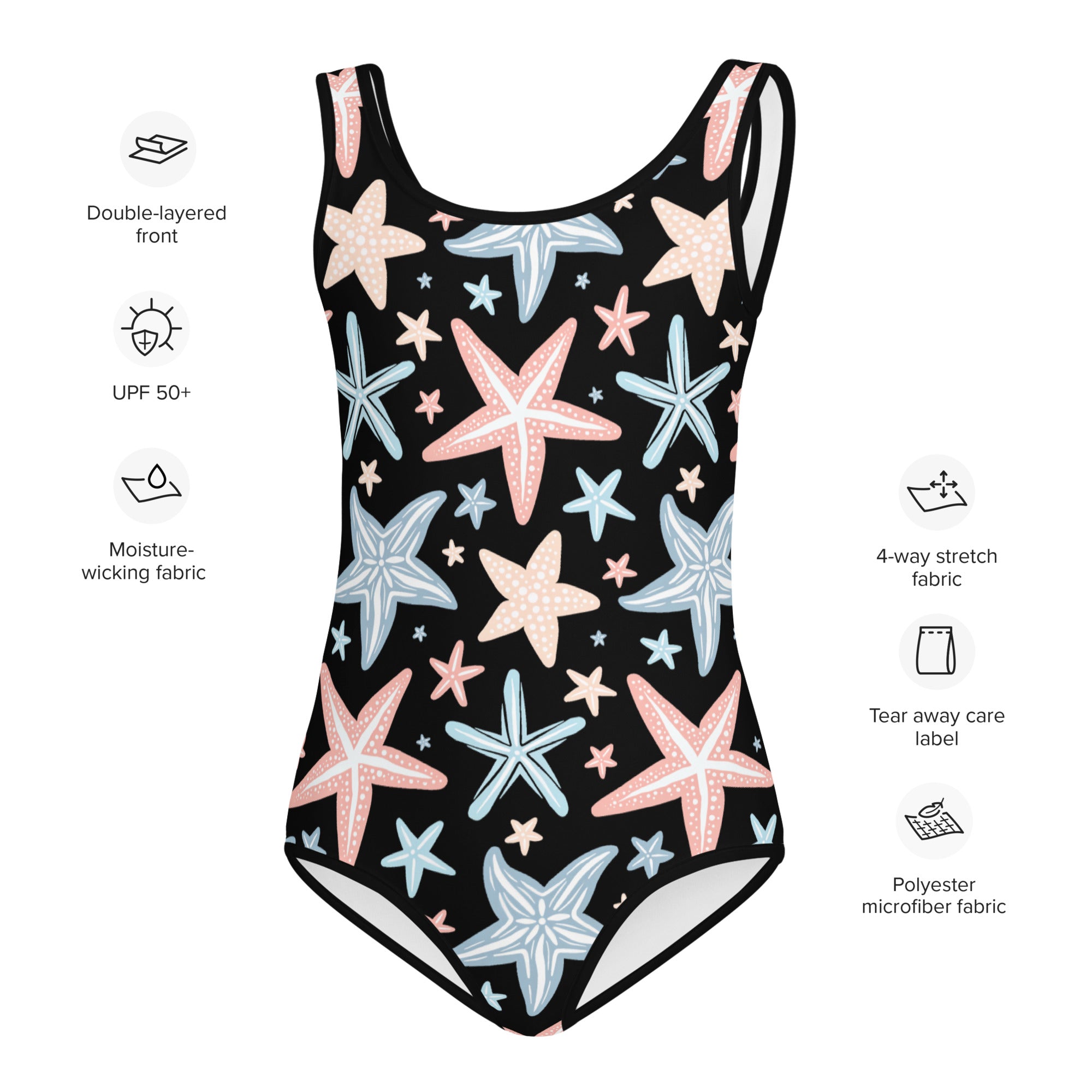 Black girls one-piece swimsuit with pink and blue starfish pattern made of buttery soft polyester microfiber with UPF 50+
