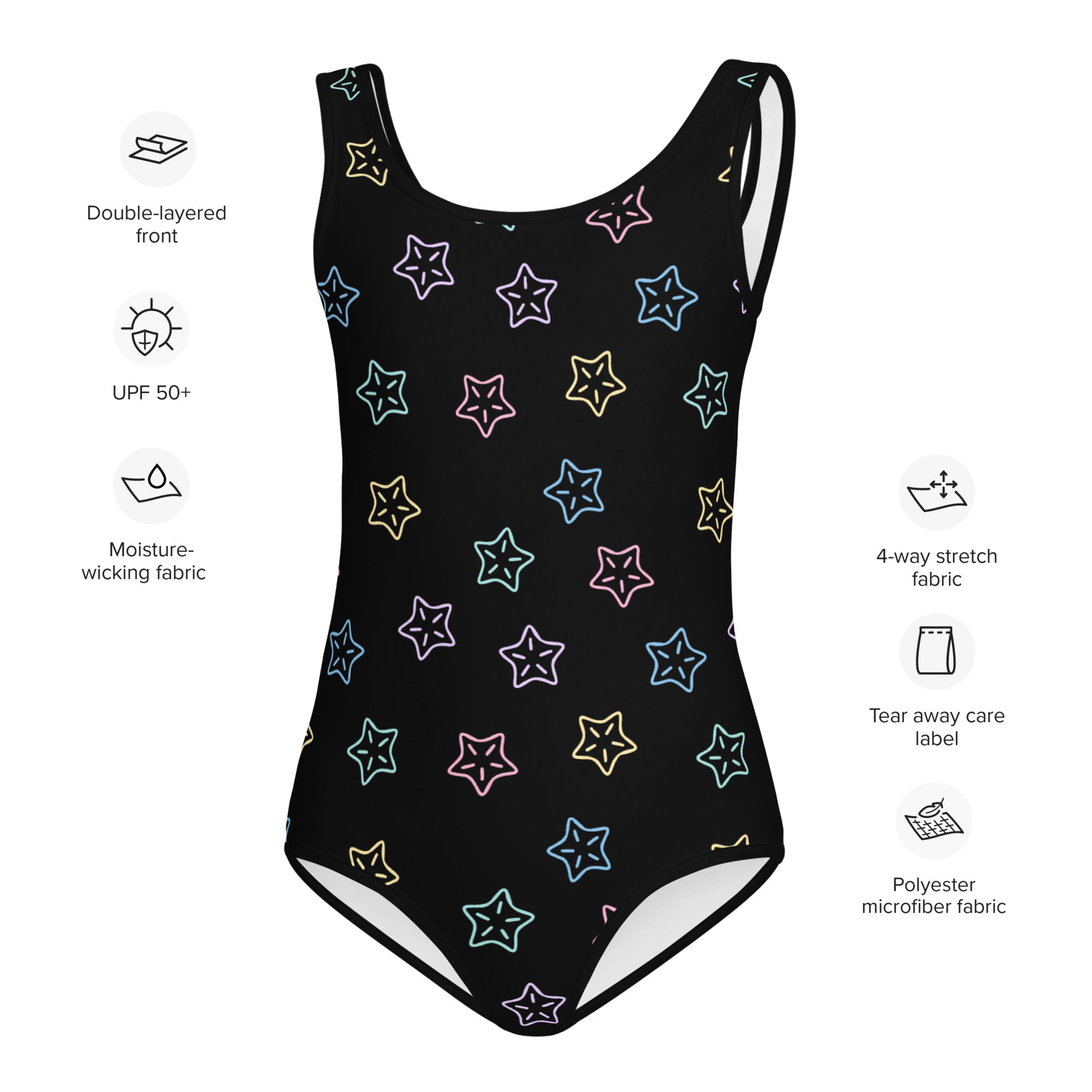 Black girls one-piece swimsuit with neon multicolored star pattern buttery soft fabric and UPF 50 plus protection