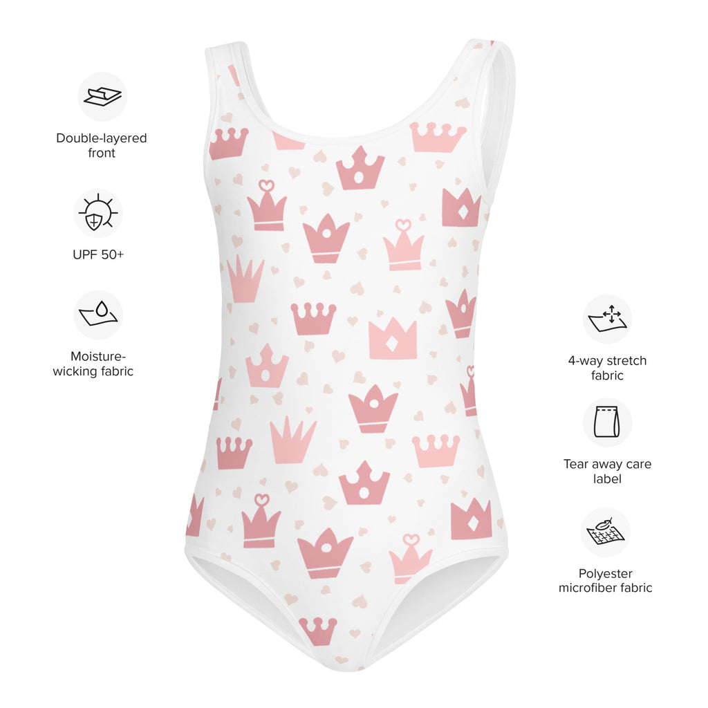 White girls one-piece swimsuit with pink crown pattern made of buttery soft polyester microfiber fabric with upf 50+