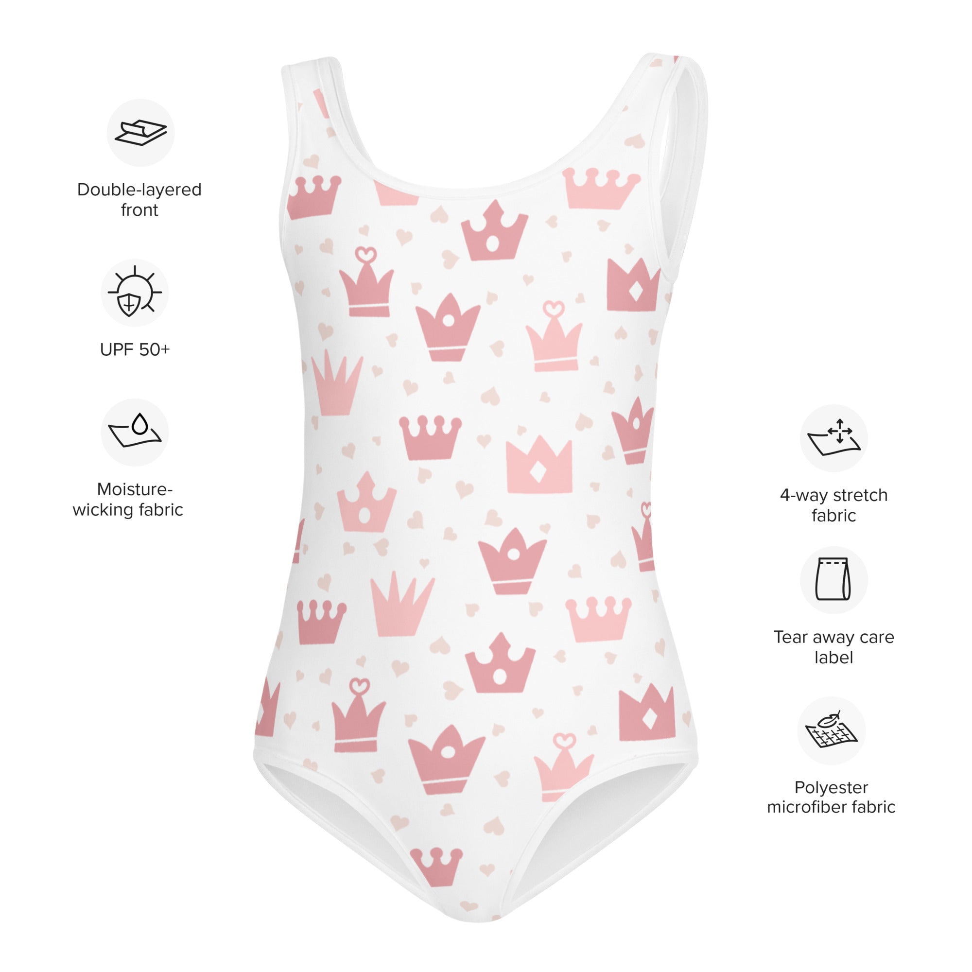 White girls one-piece swimsuit with pink crown pattern made of buttery soft polyester microfiber fabric with upf 50+