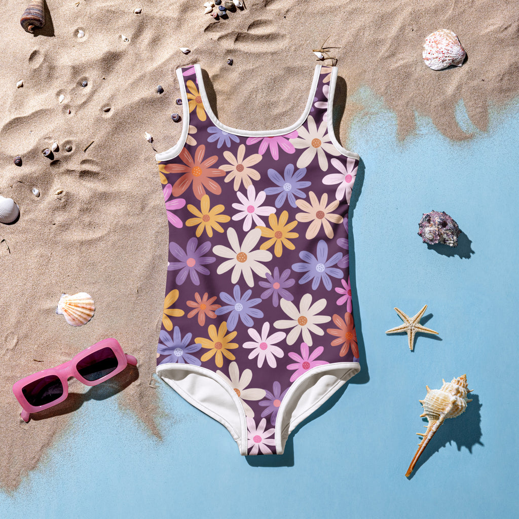 Girls retro floral buttery soft purple one-piece swimsuit with colorful daisies and upf 50 plus protection