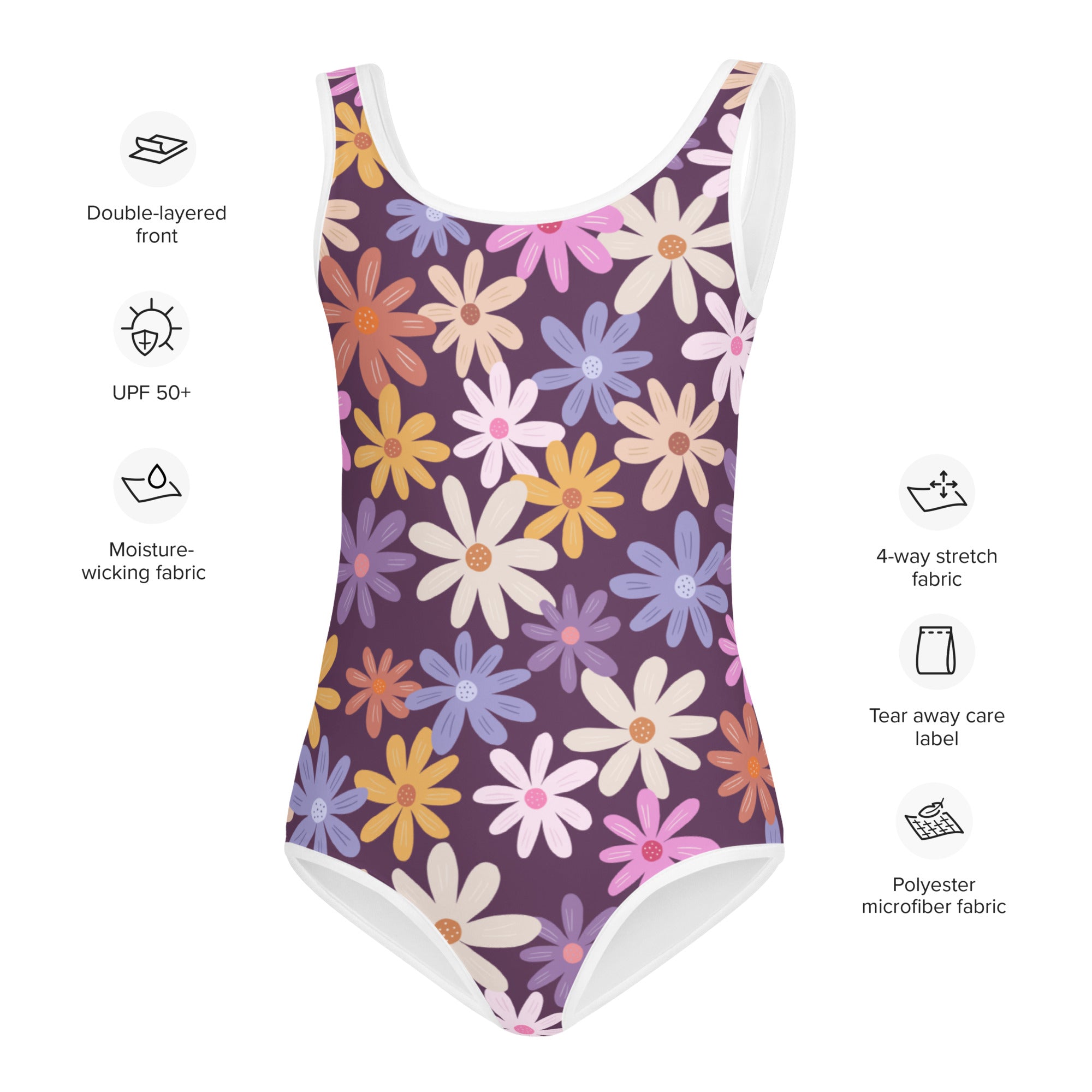 Girls retro floral buttery soft one-piece swimsuit with upf 50 plus purple base and colorful daisy patterns