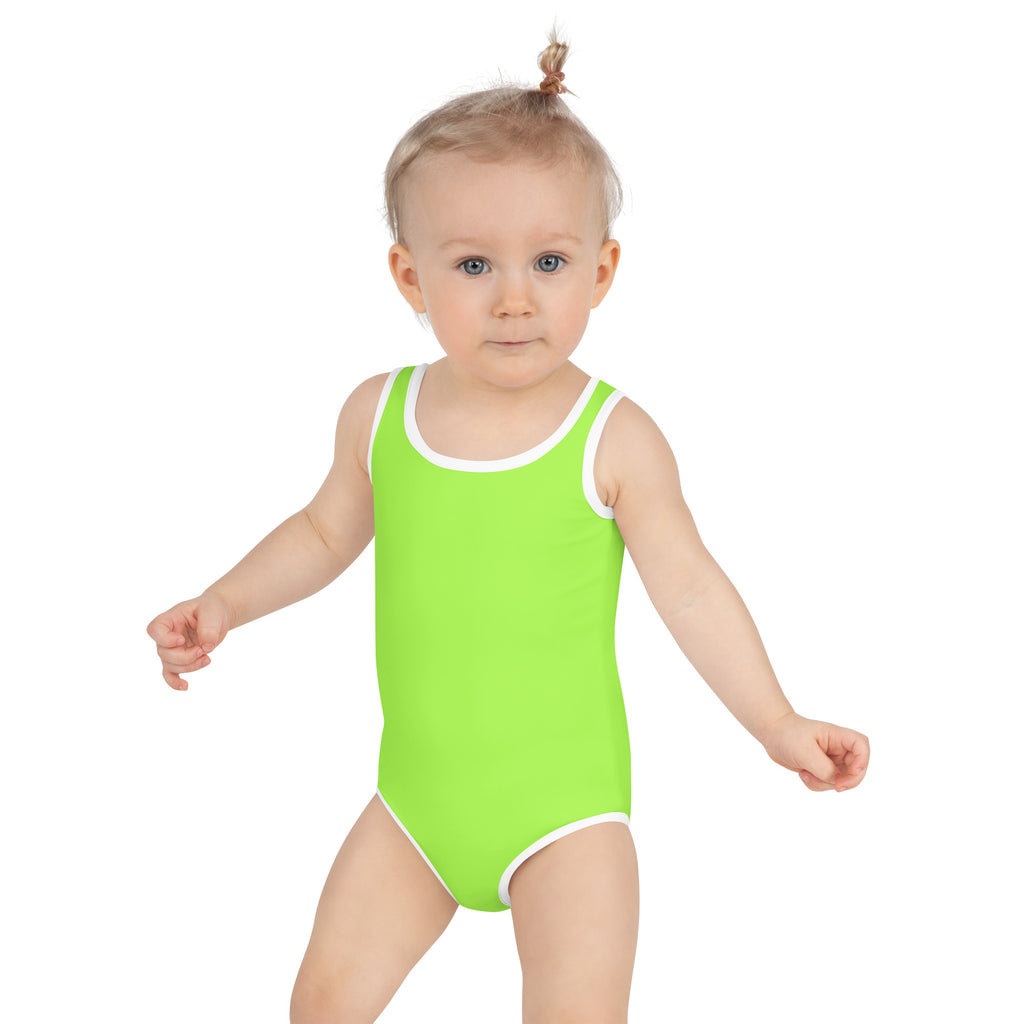 Girls lime green one-piece buttery soft swimsuit with white trim and UPF 50 plus sun protection