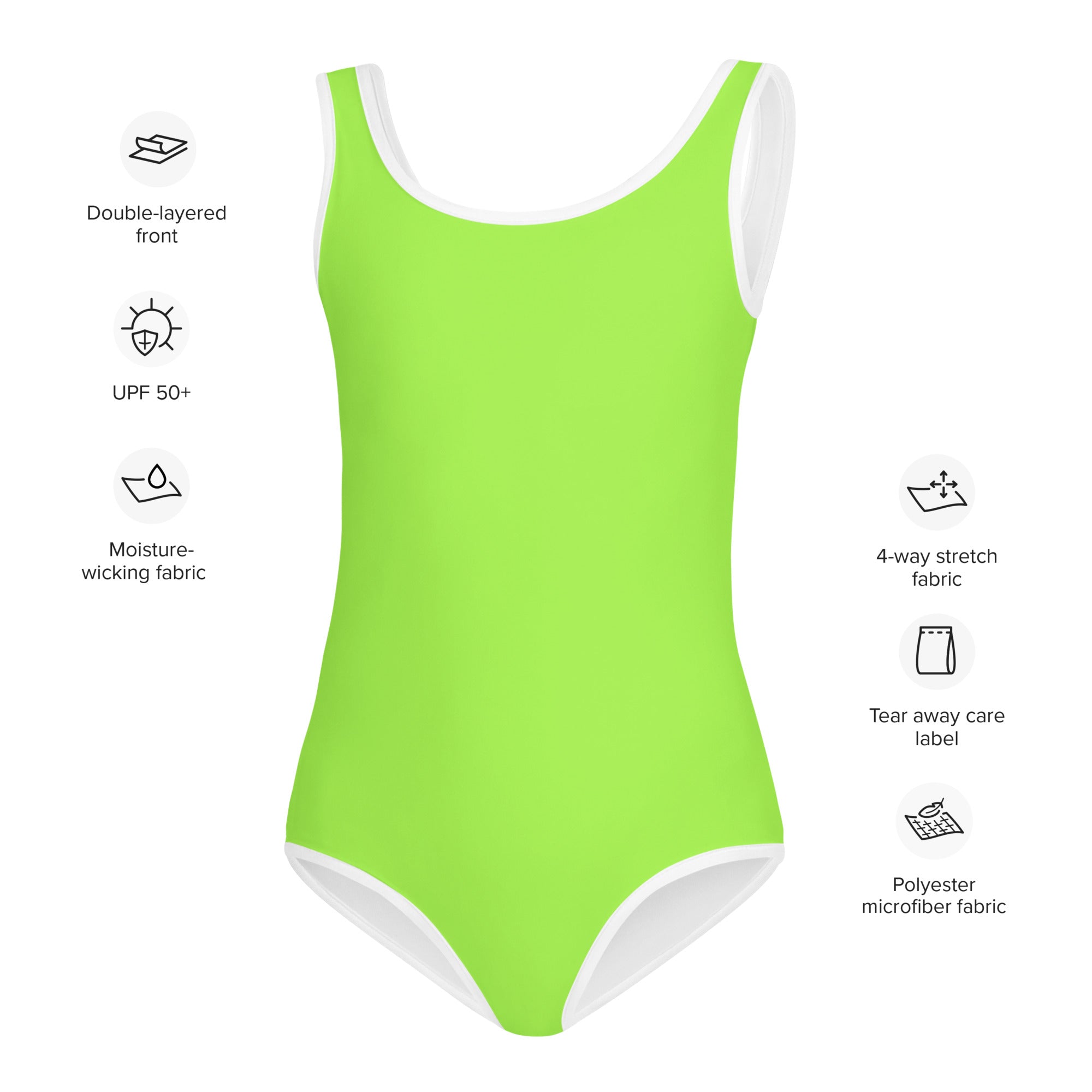 A vibrant lime green buttery soft girls one-piece swimsuit with white trim and UPF 50+ sun protection
