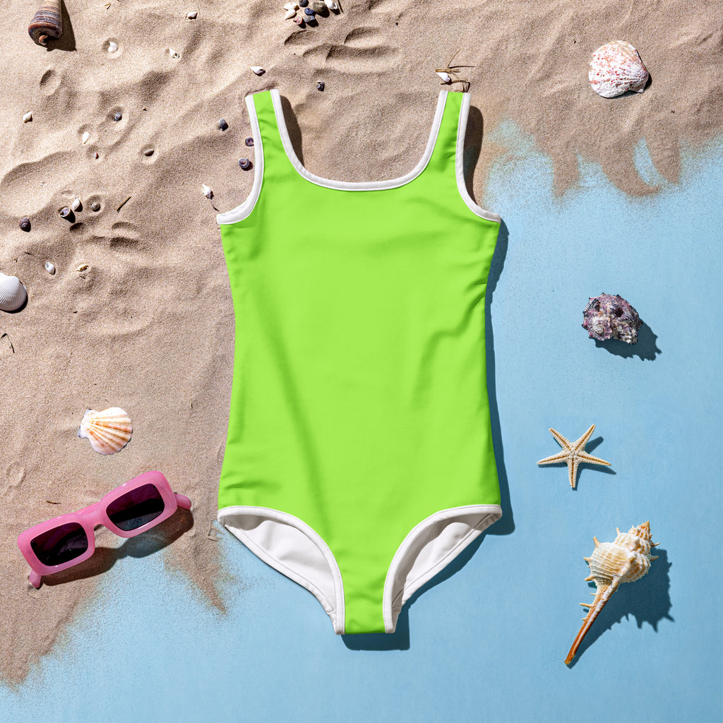 Girls lime green one-piece swimsuit with white trim made of buttery soft fabric and UPF 50 plus sun protection
