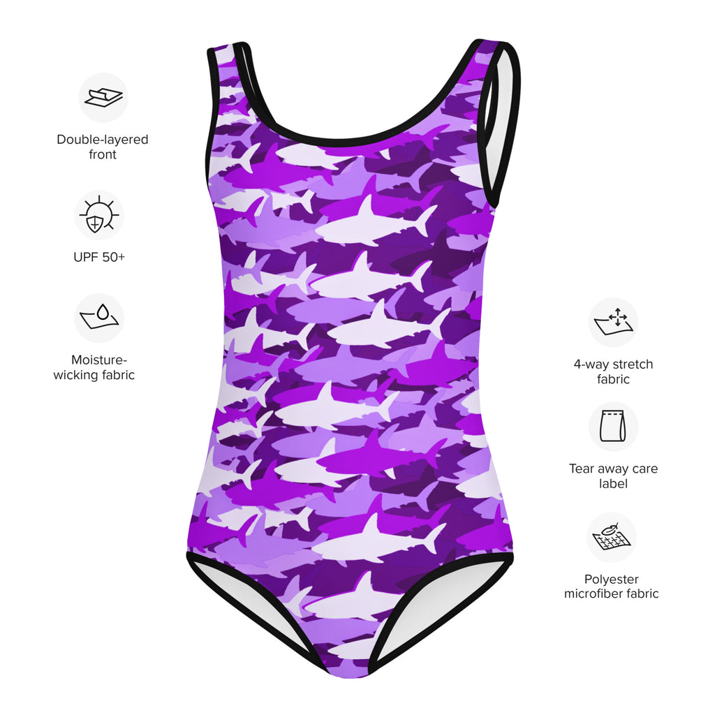 Girls Purple Shark Buttery Soft Swimsuit With UPF 50+