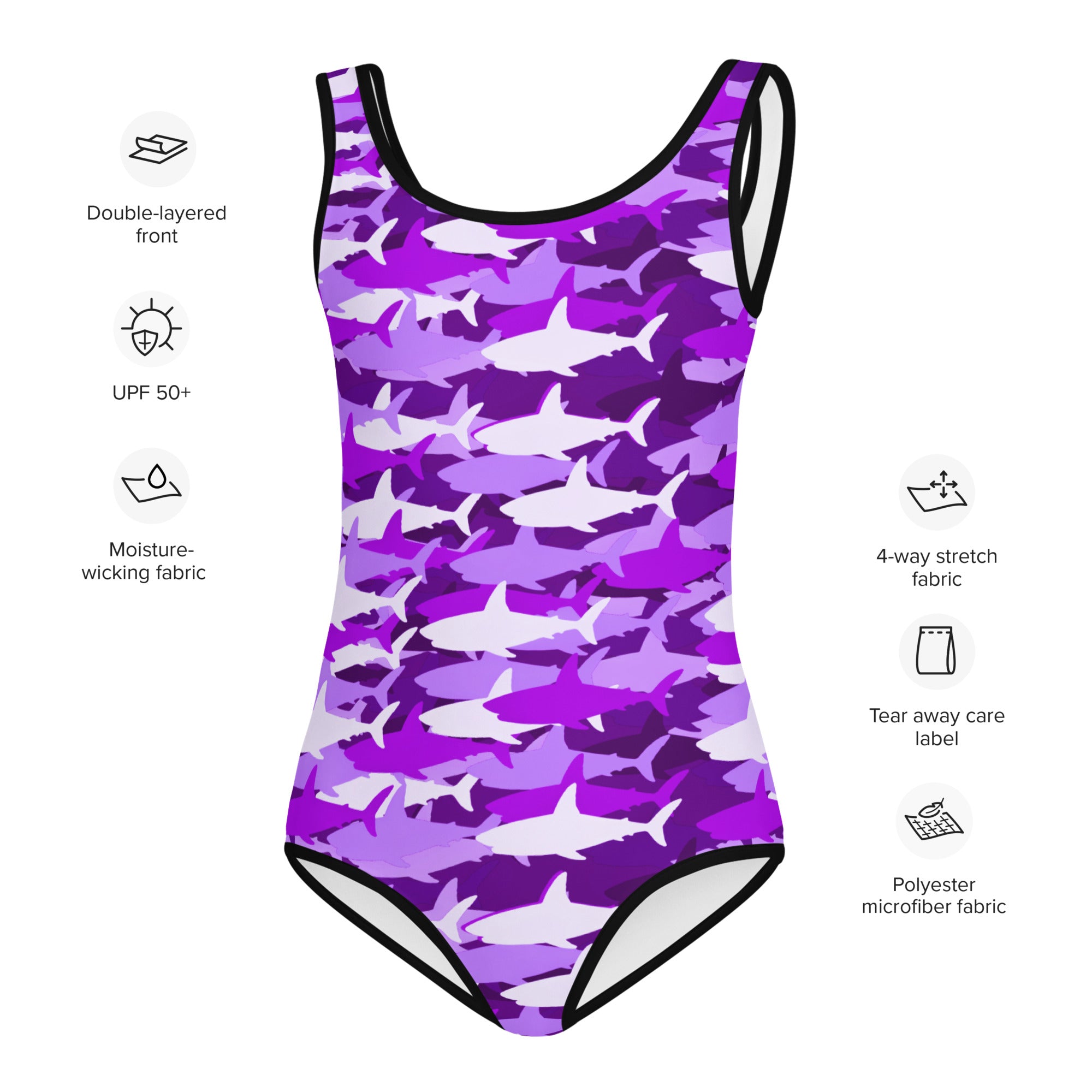 Girls Purple Shark Buttery Soft Swimsuit With UPF 50+