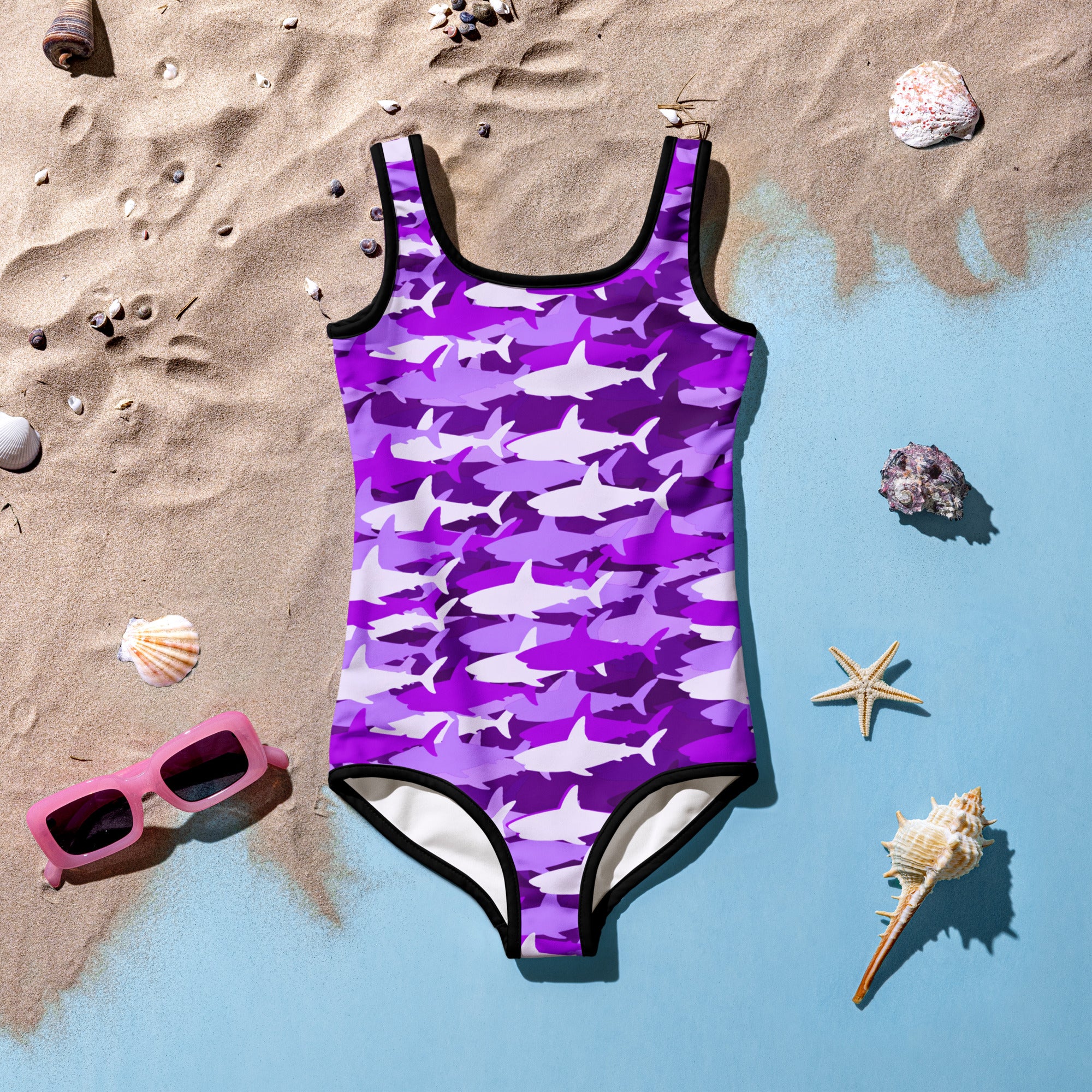 Girls Purple Shark Buttery Soft Swimsuit With UPF 50+