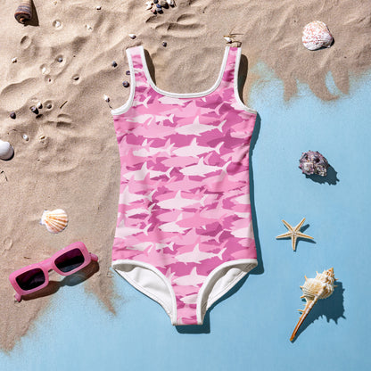 Girls Pink Shark Buttery Soft Swimsuit With UPF 50+
