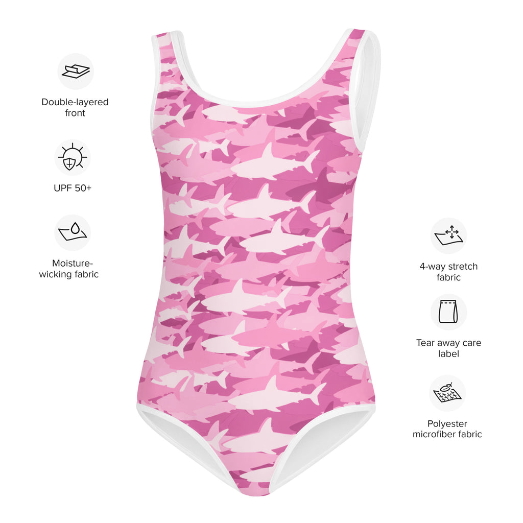 Girls pink shark camouflage one-piece swimsuit made of buttery soft polyester microfiber fabric with upf 50+ protection