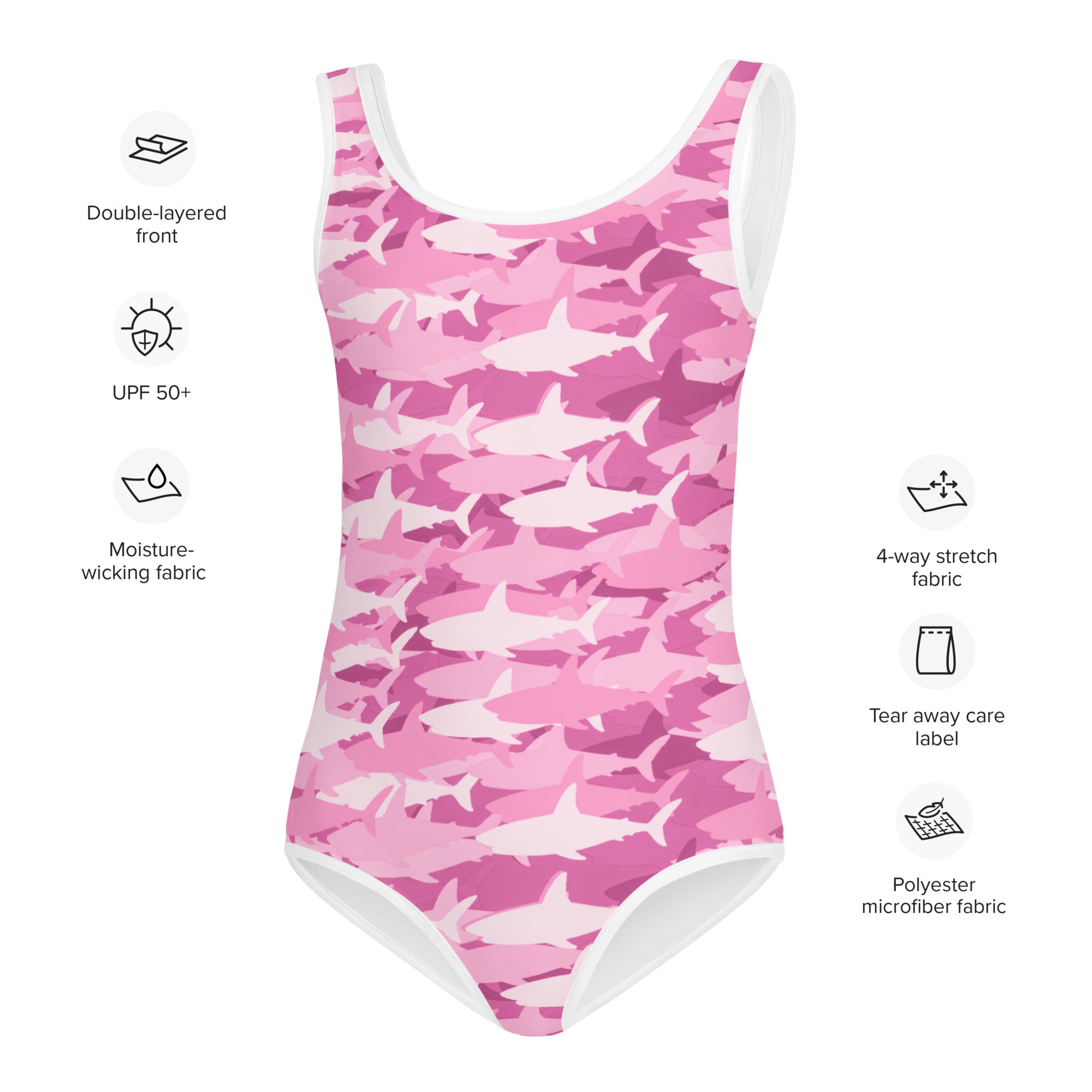 Girls pink shark camouflage one-piece swimsuit made of buttery soft polyester microfiber fabric with upf 50+ protection