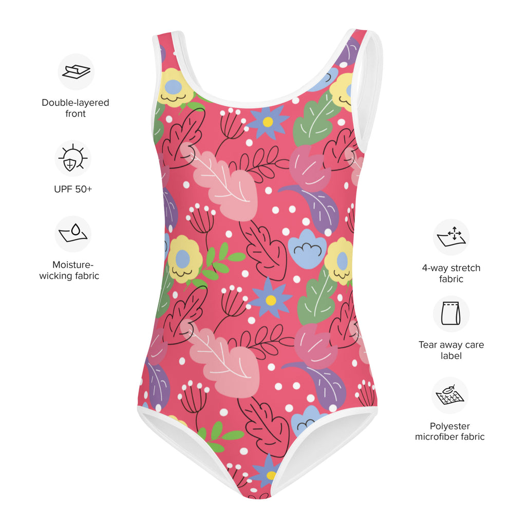 A vibrant pink girls one-piece swimsuit with bright tropical floral pattern on soft double-layered polyester microfiber fabric with UPF 50+