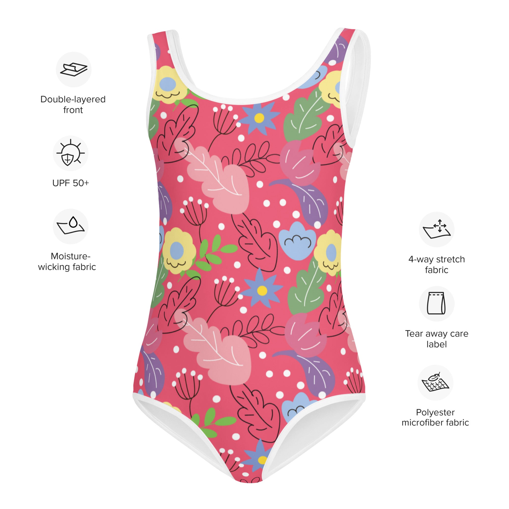 A vibrant pink girls one-piece swimsuit with bright tropical floral pattern on soft double-layered polyester microfiber fabric with UPF 50+