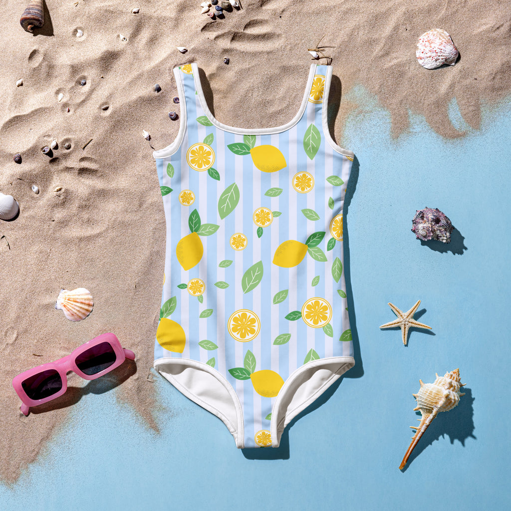 Girls lemon stripe buttery soft swimsuit with upf 50 plus featuring light blue white stripes and yellow lemon print