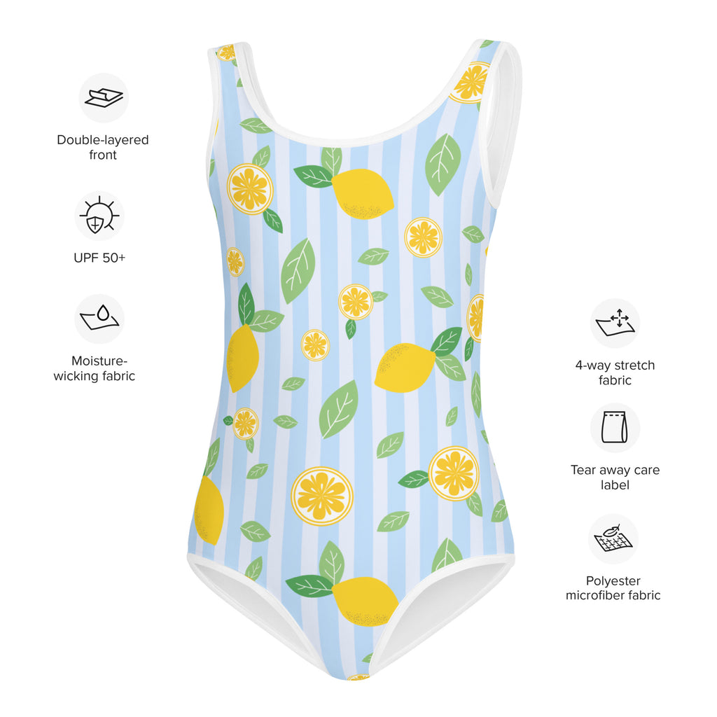 Girls lemon stripe buttery soft swimsuit in light blue and white with lemon print made from polyester microfiber fabric