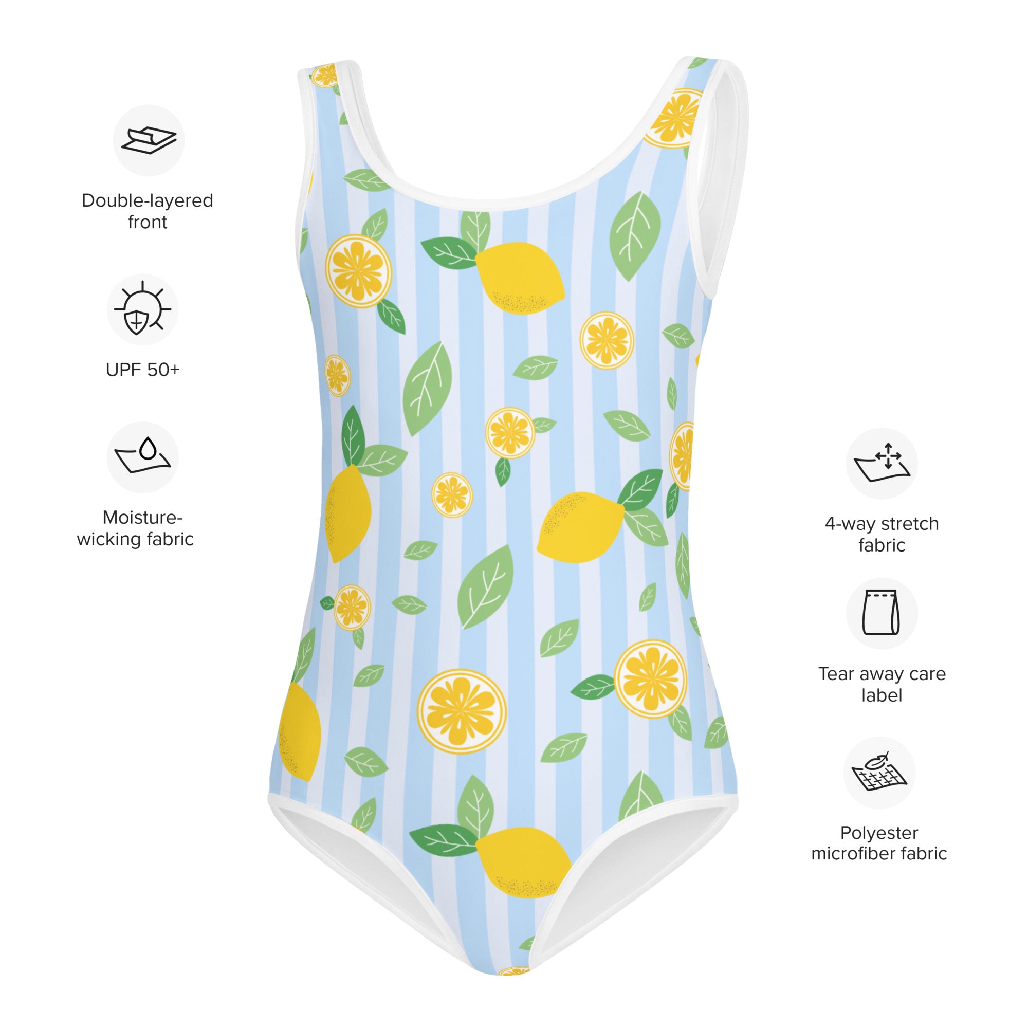 Girls lemon stripe buttery soft swimsuit in light blue and white with lemon print made from polyester microfiber fabric
