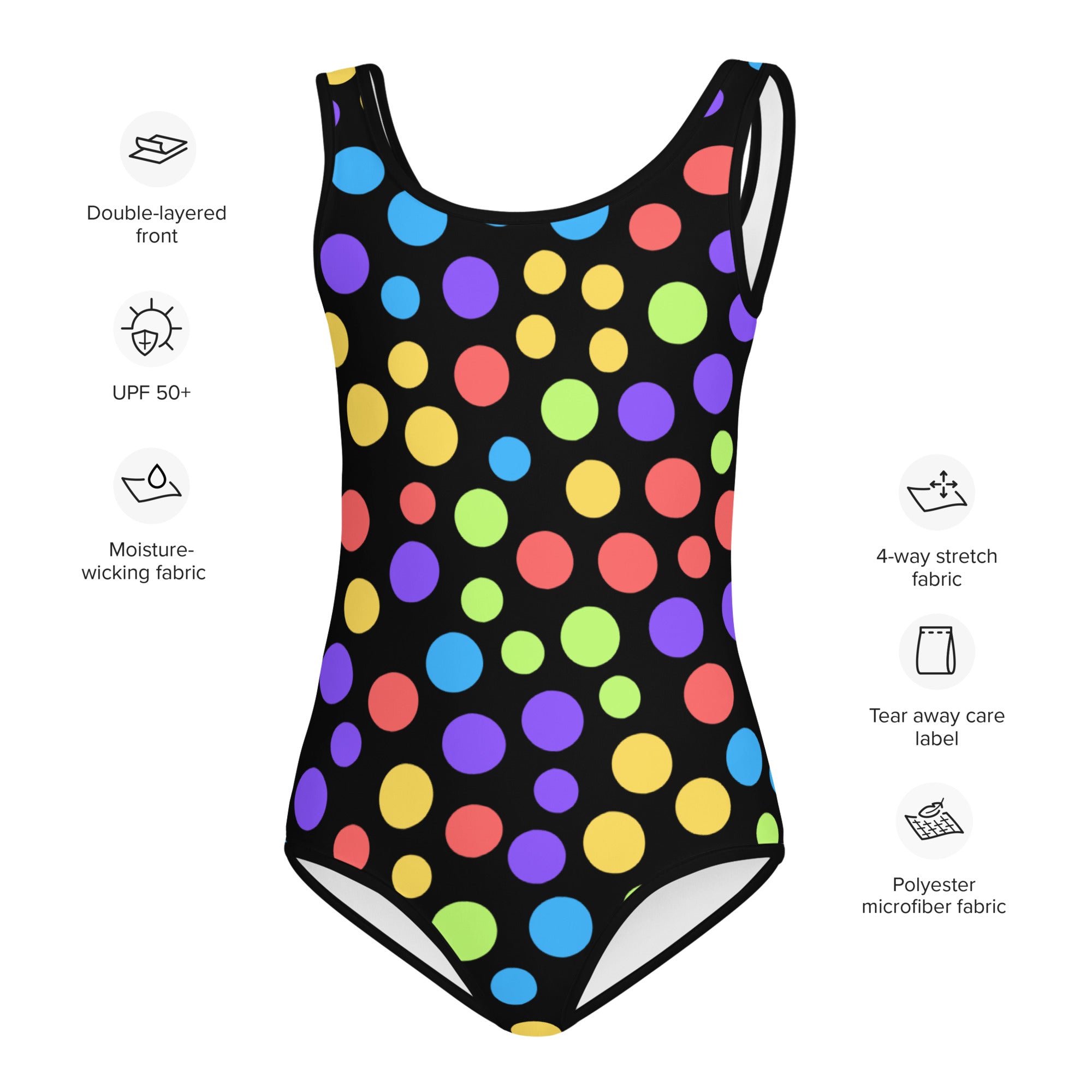 Black girls one-piece swimsuit with vibrant multicolored polka dots buttery soft fabric and UPF 50 plus sun protection