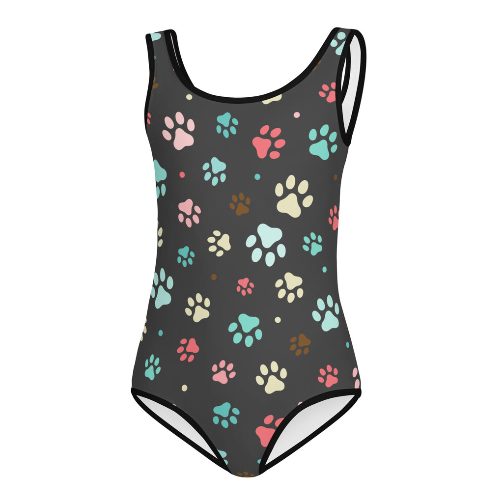 Girls colorful paw prints dark gray buttery soft one-piece swimsuit with quick drying fabric for dance and gymnastics