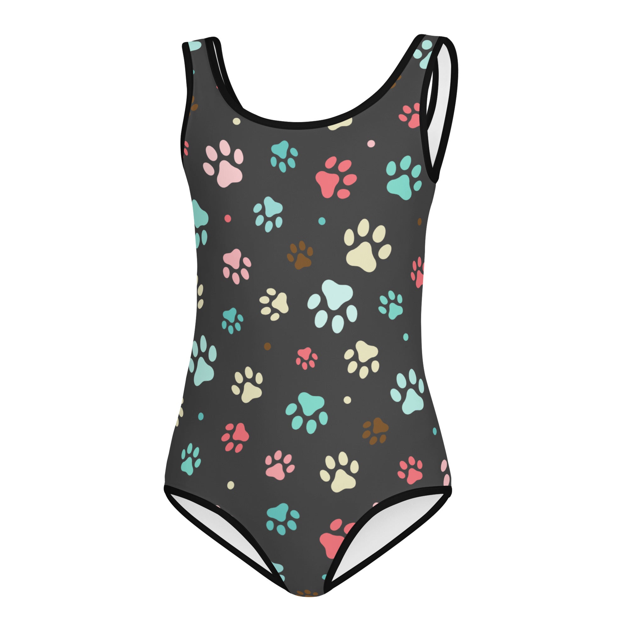Girls colorful paw prints dark gray buttery soft one-piece swimsuit with quick drying fabric for dance and gymnastics