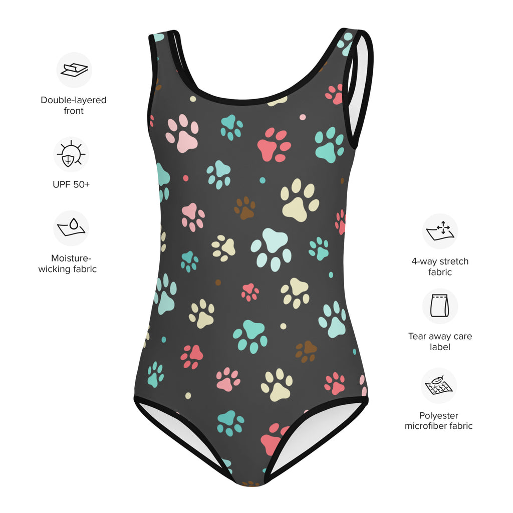 Girls colorful paw prints buttery soft black one-piece swimsuit with pink teal and beige paw patterns for dance and gymnastics