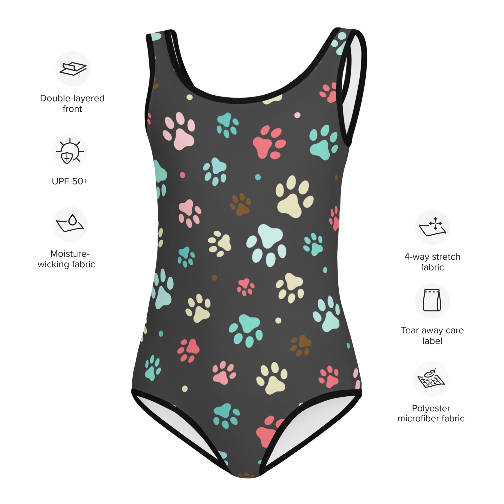 Girls colorful paw prints buttery soft black one-piece swimsuit with pink teal and beige paw patterns for dance and gymnastics