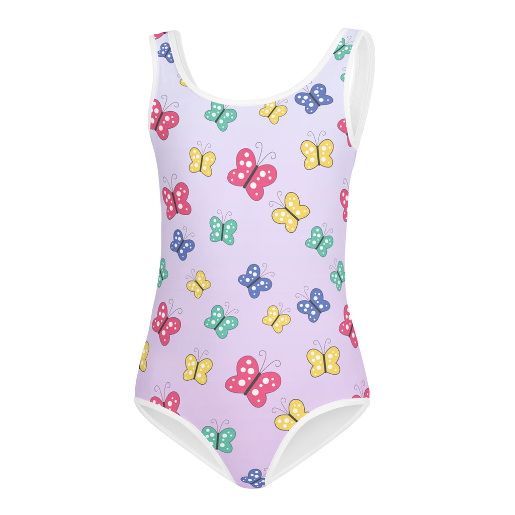 Lavender girls buttery soft leotard with colorful cartoon butterflies quick drying for dance and gymnastics
