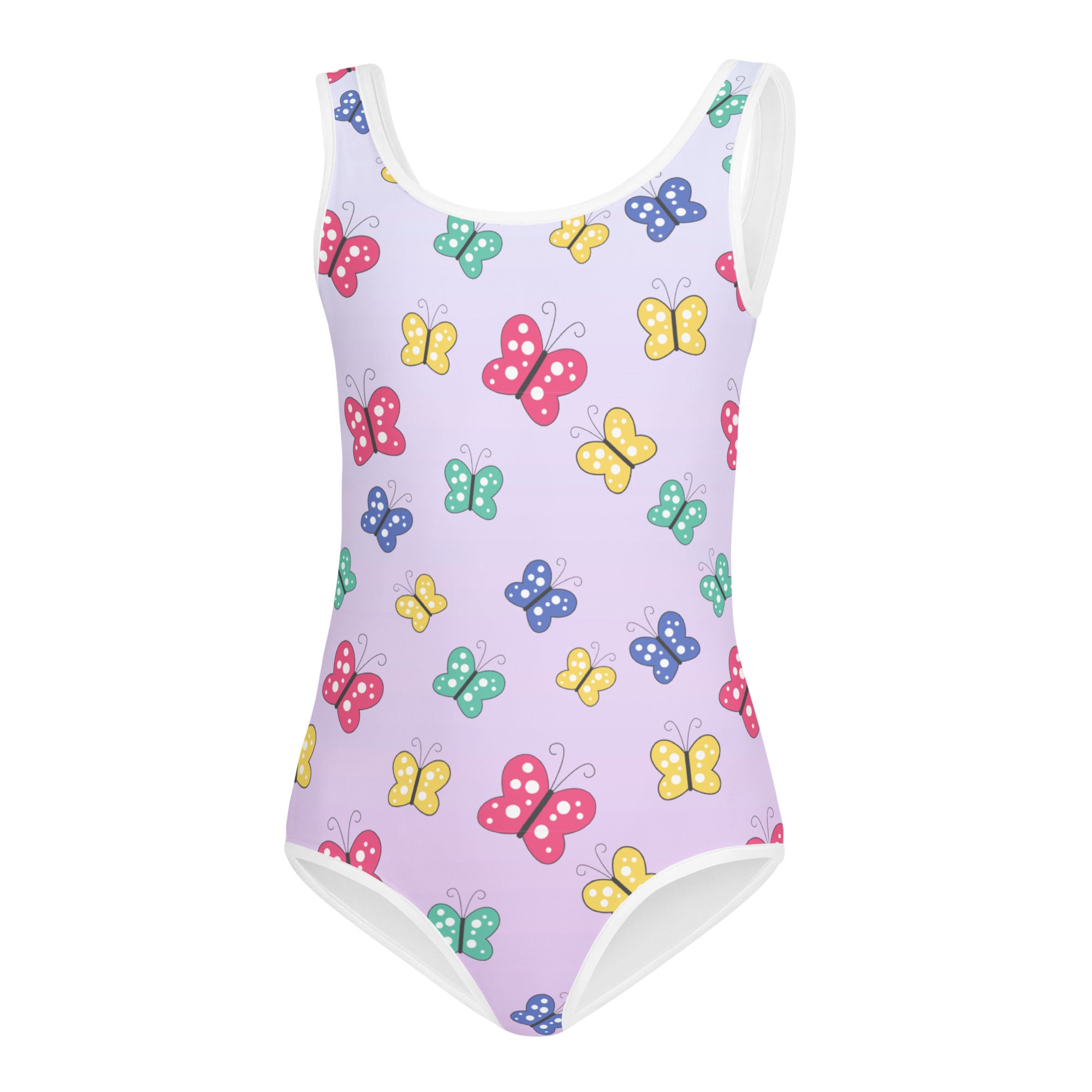 Lavender girls buttery soft leotard with colorful cartoon butterflies quick drying for dance and gymnastics