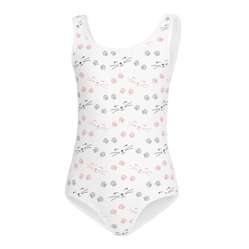 White one-piece girls leotard with pink and gray cat faces and paw prints quick drying buttery soft fabric