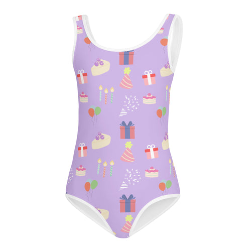 Lavender girls birthday party buttery soft leotard with white trim featuring cakes gifts balloons and party hats pattern