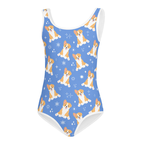 Girls blue corgi buttery soft quick drying leotard with white trim and cartoon corgi and star pattern for dance and gymnastics