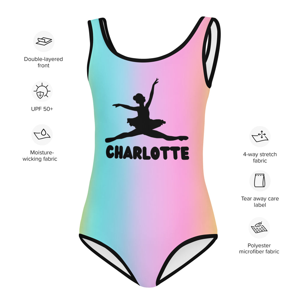 A girls pastel gradient leotard with black ballerina silhouette and custom name made from soft polyester microfiber