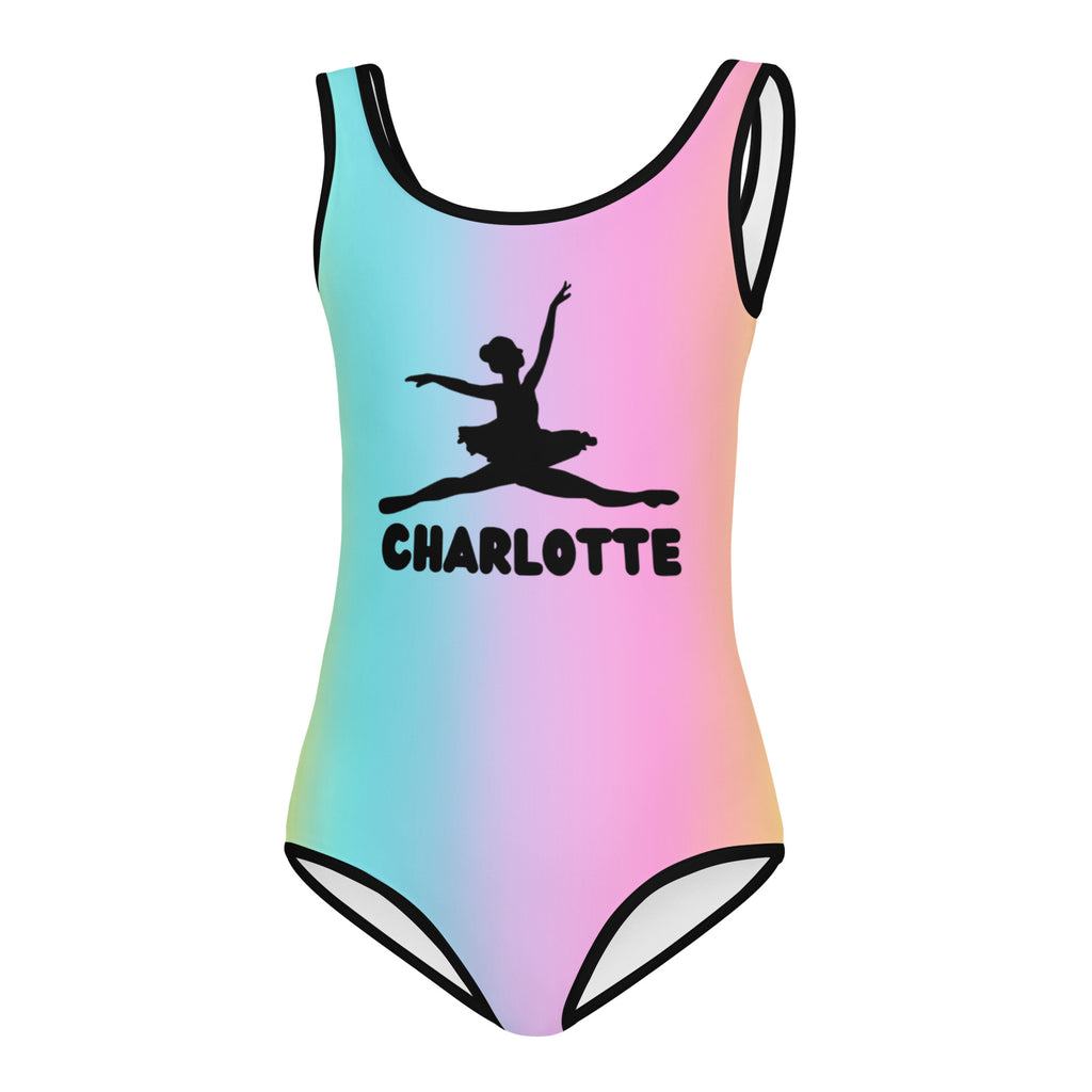 Girls custom name pastel ballerina buttery soft quick drying leotard with black ballerina silhouette and trim details